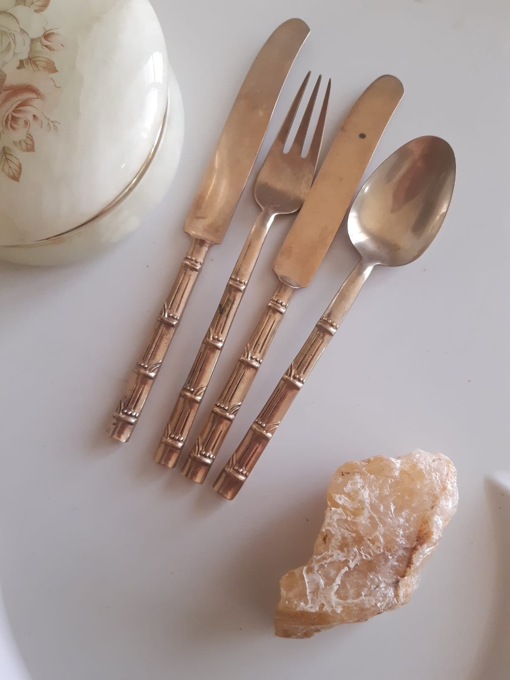 Vintage Brass Bamboo Flatware Set - 4-Piece